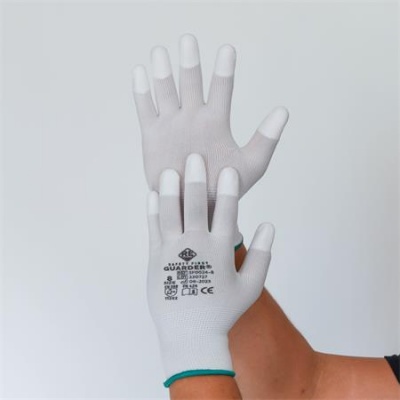 Védőkesztyű, karbonszálas, PU ujjbegy mártott, L méret, fehér-szürke